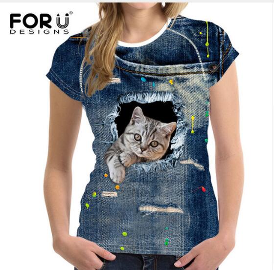 Cute 3D Animal Denim Cat T Shirt for Women