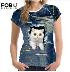Cute 3D Animal Denim Cat T Shirt for Women