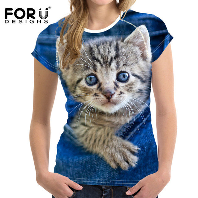 Cute 3D Animal Denim Cat T Shirt for Women