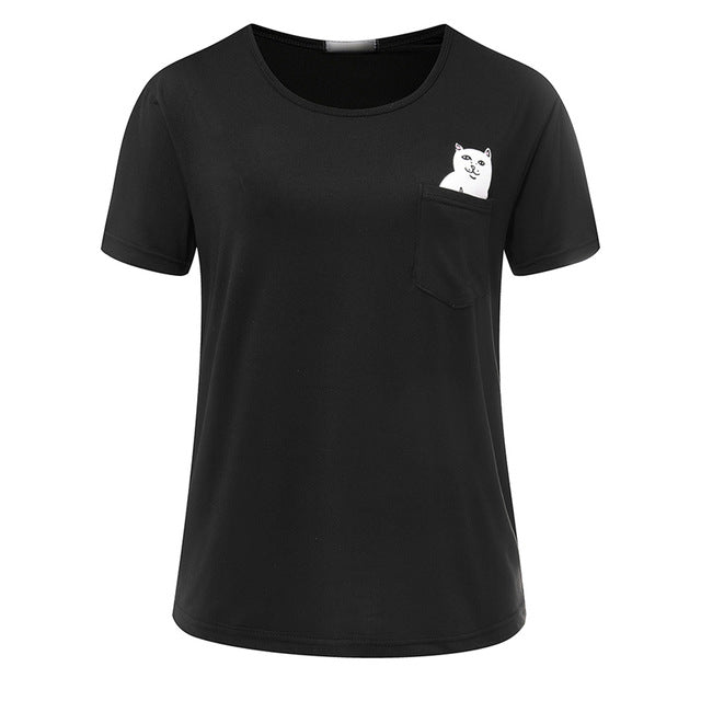 Middle Finger Pocket Cat O-neck Short Sleeve Cotton Couple Tee
