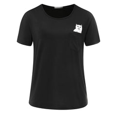Middle Finger Pocket Cat O-neck Short Sleeve Cotton Couple Tee