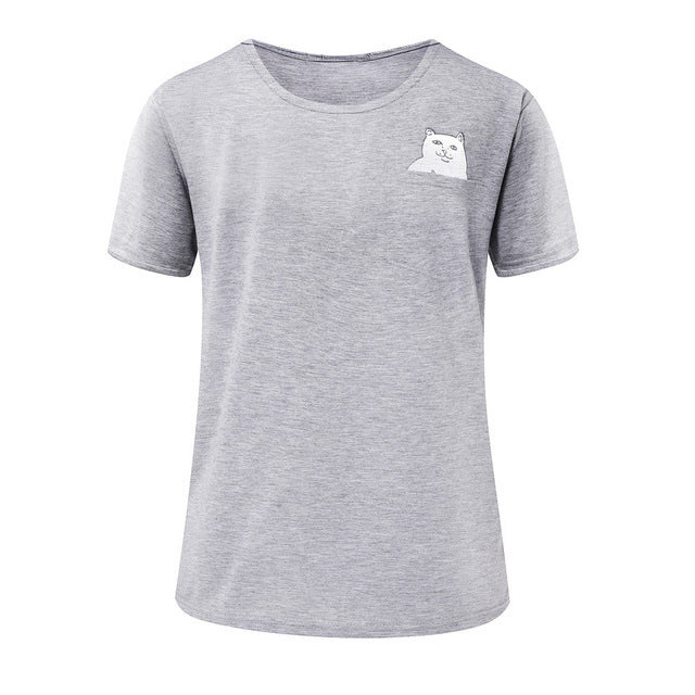 Middle Finger Pocket Cat O-neck Short Sleeve Cotton Couple Tee