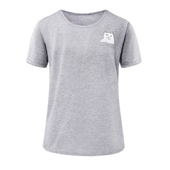 Middle Finger Pocket Cat O-neck Short Sleeve Cotton Couple Tee