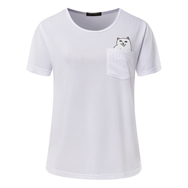 Middle Finger Pocket Cat O-neck Short Sleeve Cotton Couple Tee