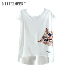 New kawaii Crew Neck Top Short Sleeve Cute cat irregular T-Shirt