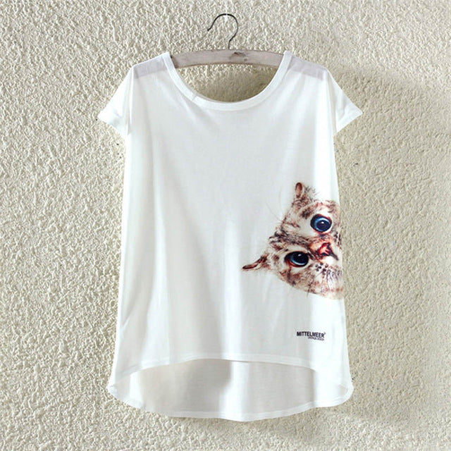 New kawaii Crew Neck Top Short Sleeve Cute cat irregular T-Shirt