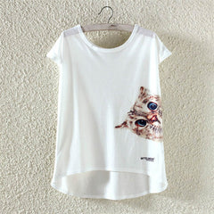 New kawaii Crew Neck Top Short Sleeve Cute cat irregular T-Shirt