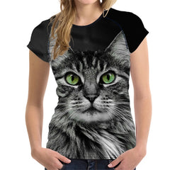FORUDESIGNS Black 3D Cat Animal Women Casual T Shirt
