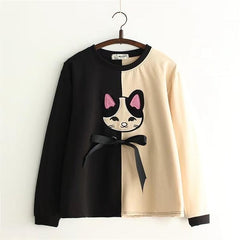 autumn winter Women cartoon cat embroidery T-Shirt