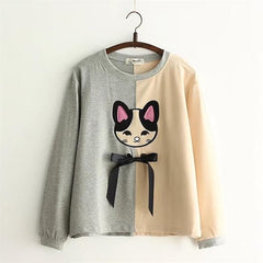 autumn winter Women cartoon cat embroidery T-Shirt