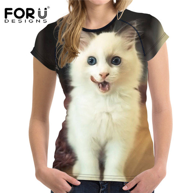 Super Kawaii Tongue Cat Women Summer T-shirt