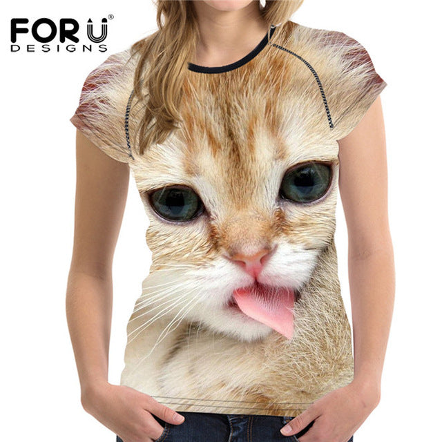 Super Kawaii Tongue Cat Women Summer T-shirt