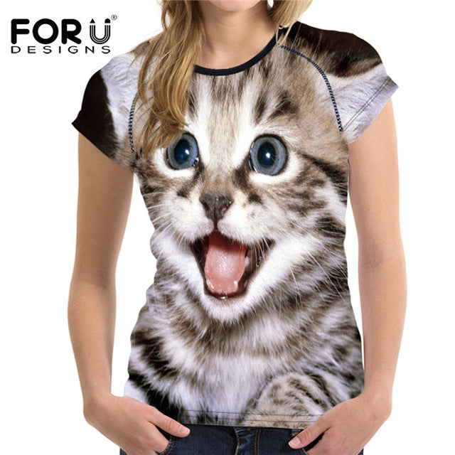Super Kawaii Tongue Cat Women Summer T-shirt