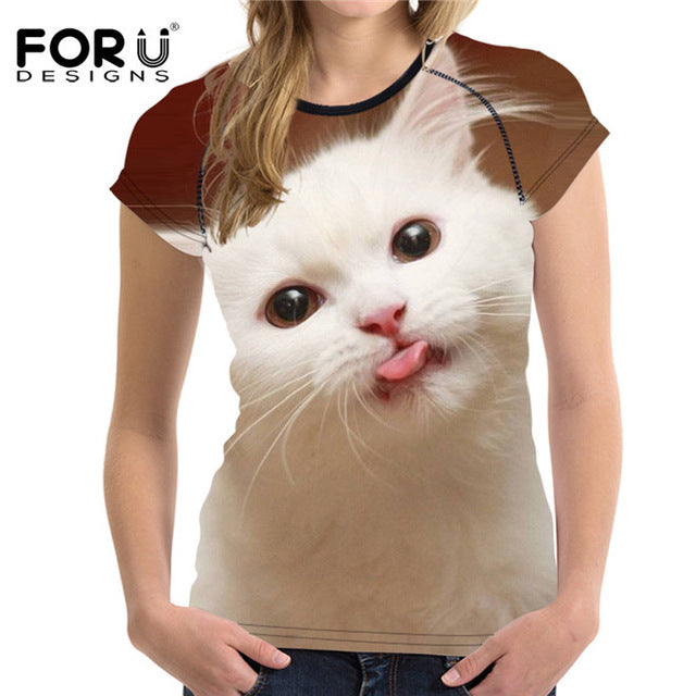 Super Kawaii Tongue Cat Women Summer T-shirt