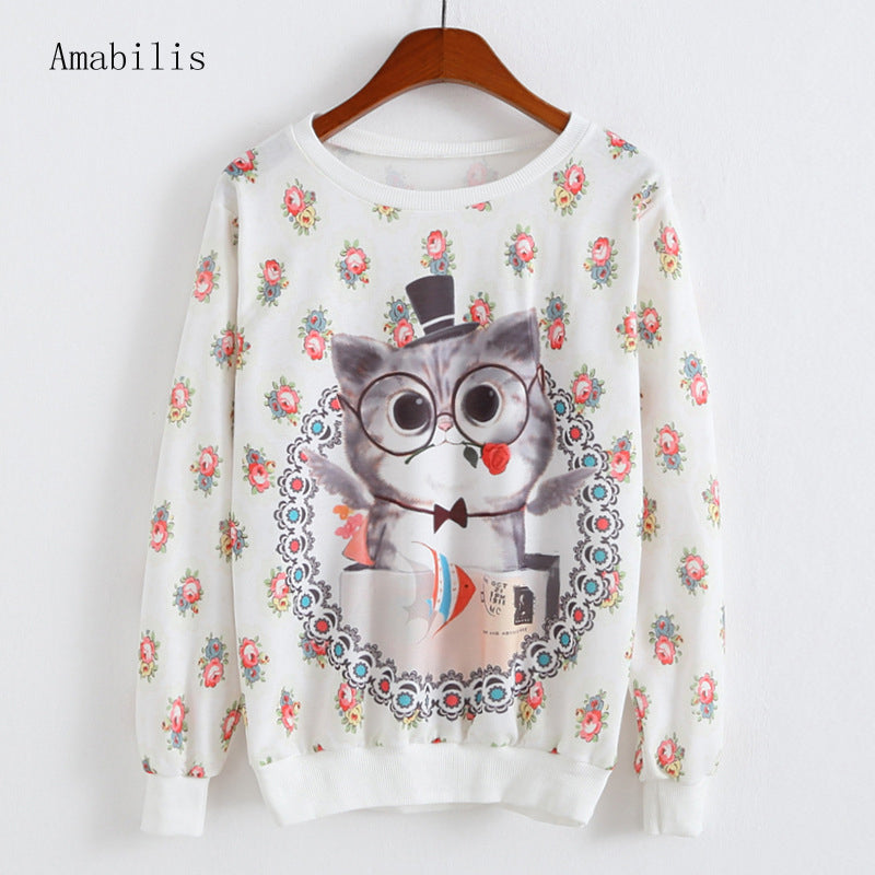 Long sleeve top tees cute Cat Printed Casual clothes