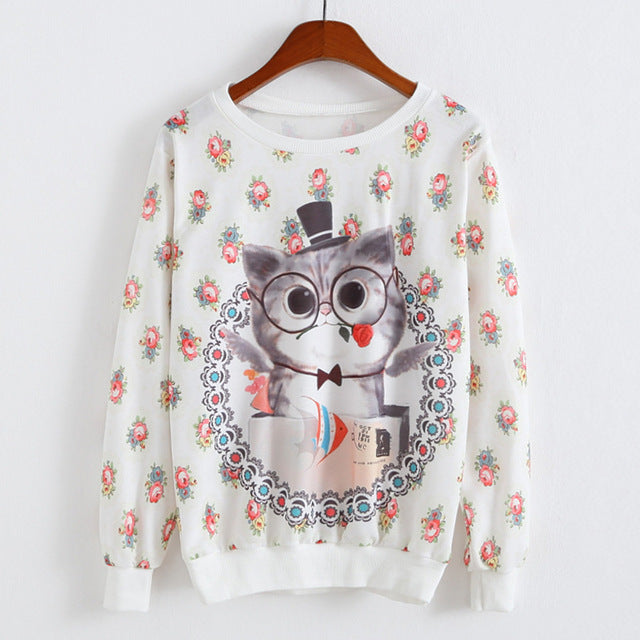 Long sleeve top tees cute Cat Printed Casual clothes