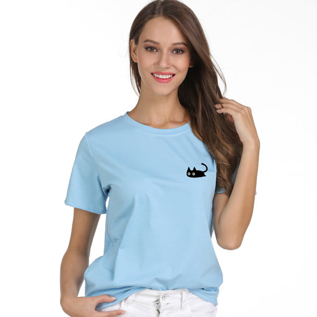 Summer Kawaii Naughty Black Cat T-shirt