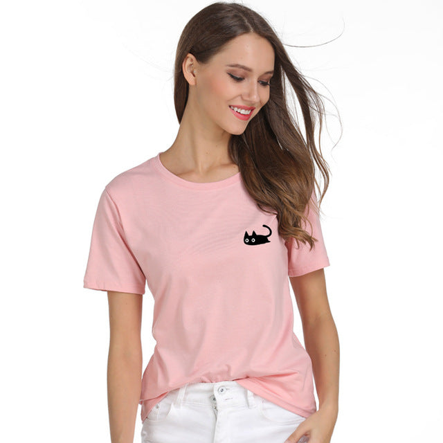 Summer Kawaii Naughty Black Cat T-shirt