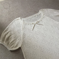 cute princess bow cat hollow white knitting puff sleeve sweater top t shirt