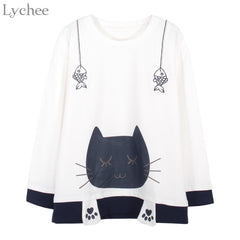 Spring Autumn Women Fish Embroidery Cat Printed T-shirt Tee Top