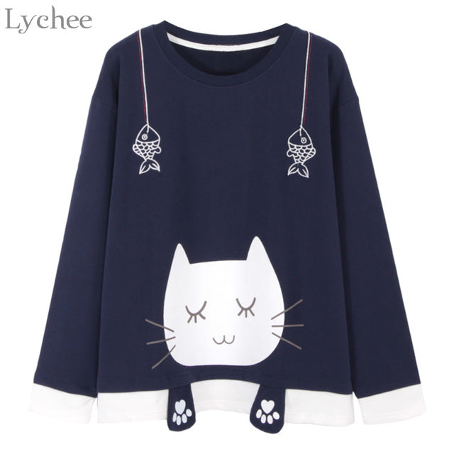 Spring Autumn Women Fish Embroidery Cat Printed T-shirt Tee Top