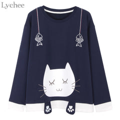 Spring Autumn Women Fish Embroidery Cat Printed T-shirt Tee Top