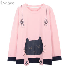Spring Autumn Women Fish Embroidery Cat Printed T-shirt Tee Top