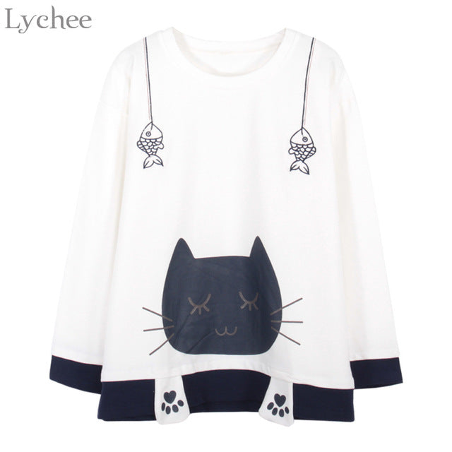 Spring Autumn Women Fish Embroidery Cat Printed T-shirt Tee Top