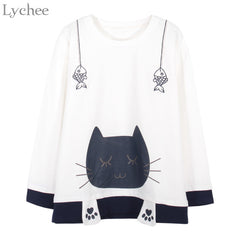 Spring Autumn Women Fish Embroidery Cat Printed T-shirt Tee Top