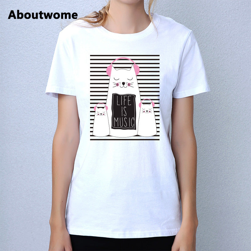 stripe cute music cat DJ t-shirt