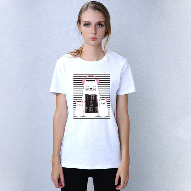 stripe cute music cat DJ t-shirt