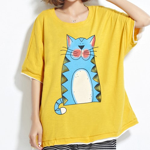 Summer Women Cotton Cat Cartoon T-shirt