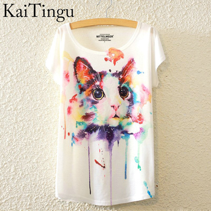 Harajuku Animal Cat Print Shirt O-Neck Short Sleeve T Shirt