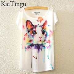 Harajuku Animal Cat Print Shirt O-Neck Short Sleeve T Shirt